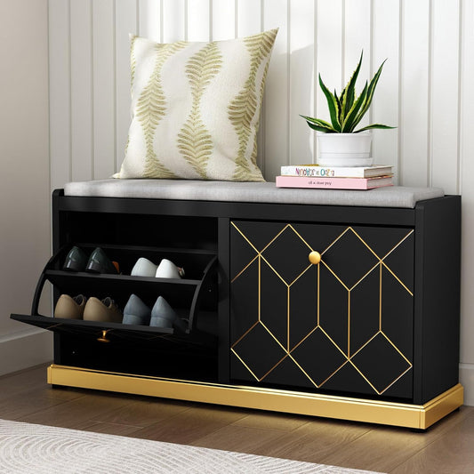 HLR® Shoe Bench with Storage, Modern Entryway Bench with 2 Flip Drawer & Padded Cushion Seat