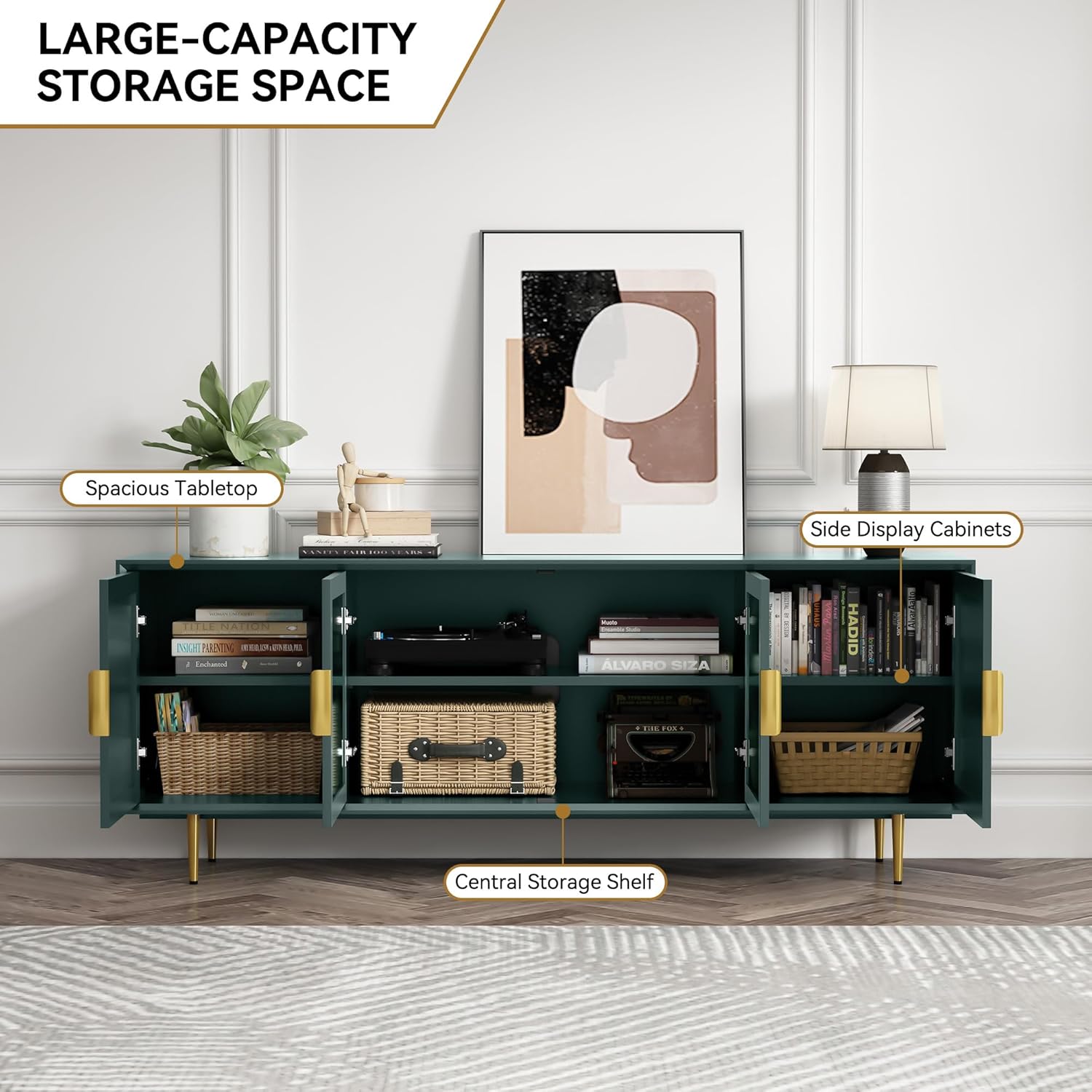 HLR® Modern TV Stand for TVs up to 70+ inch, Glass Door Television Console Table
