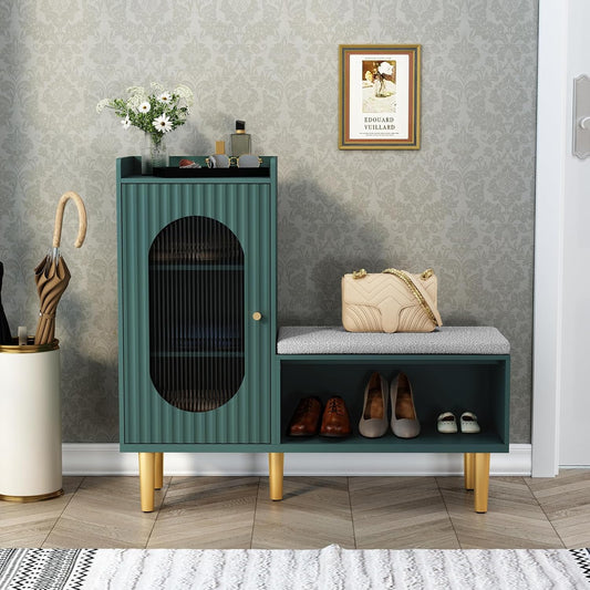 HLR® Storage Bench with Glass Door&Shelf, Modern Entryway Shoe Cabinet Bench