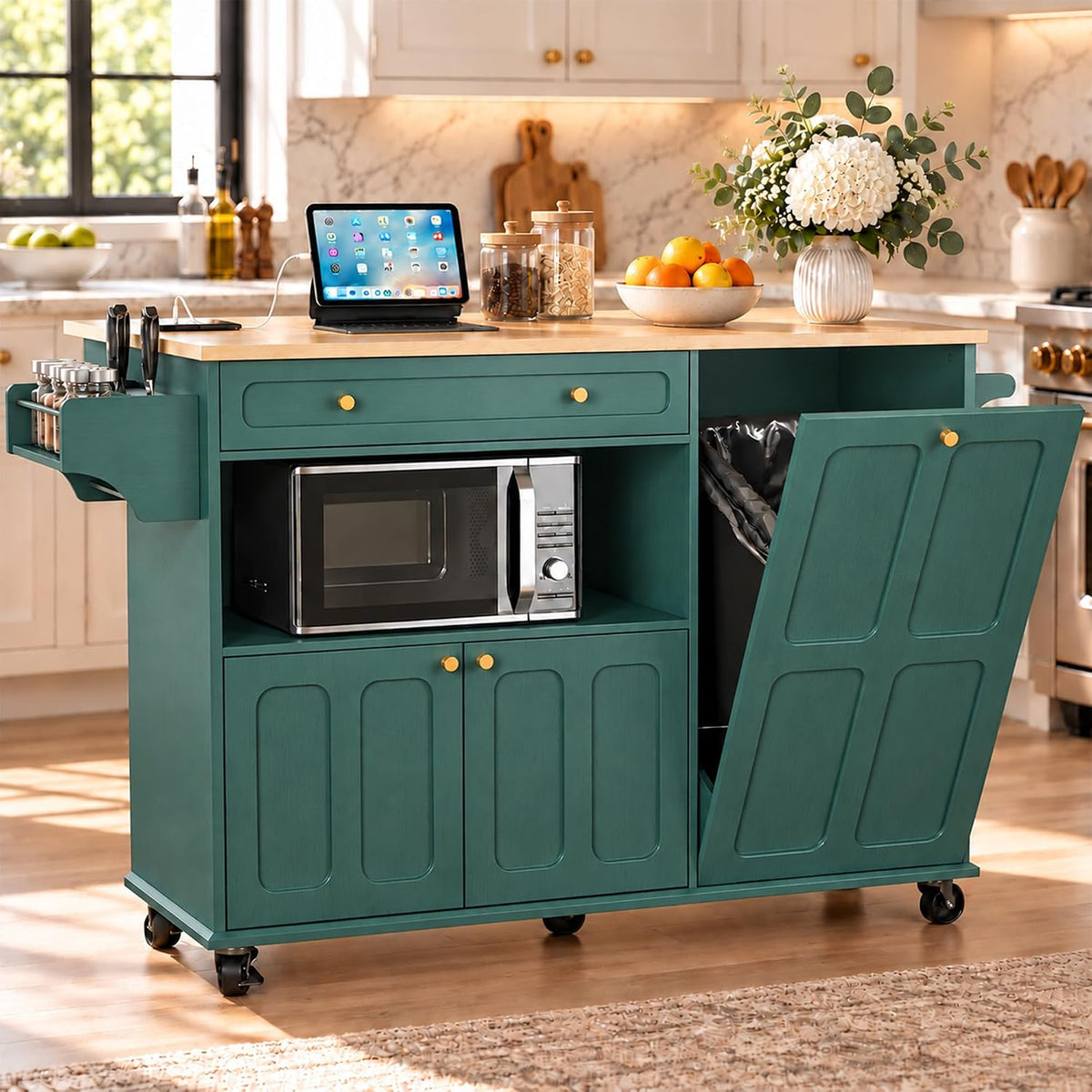 HLR 60" Kitchen Island with Trash Can Storage, Large Mobile Kitchen Island