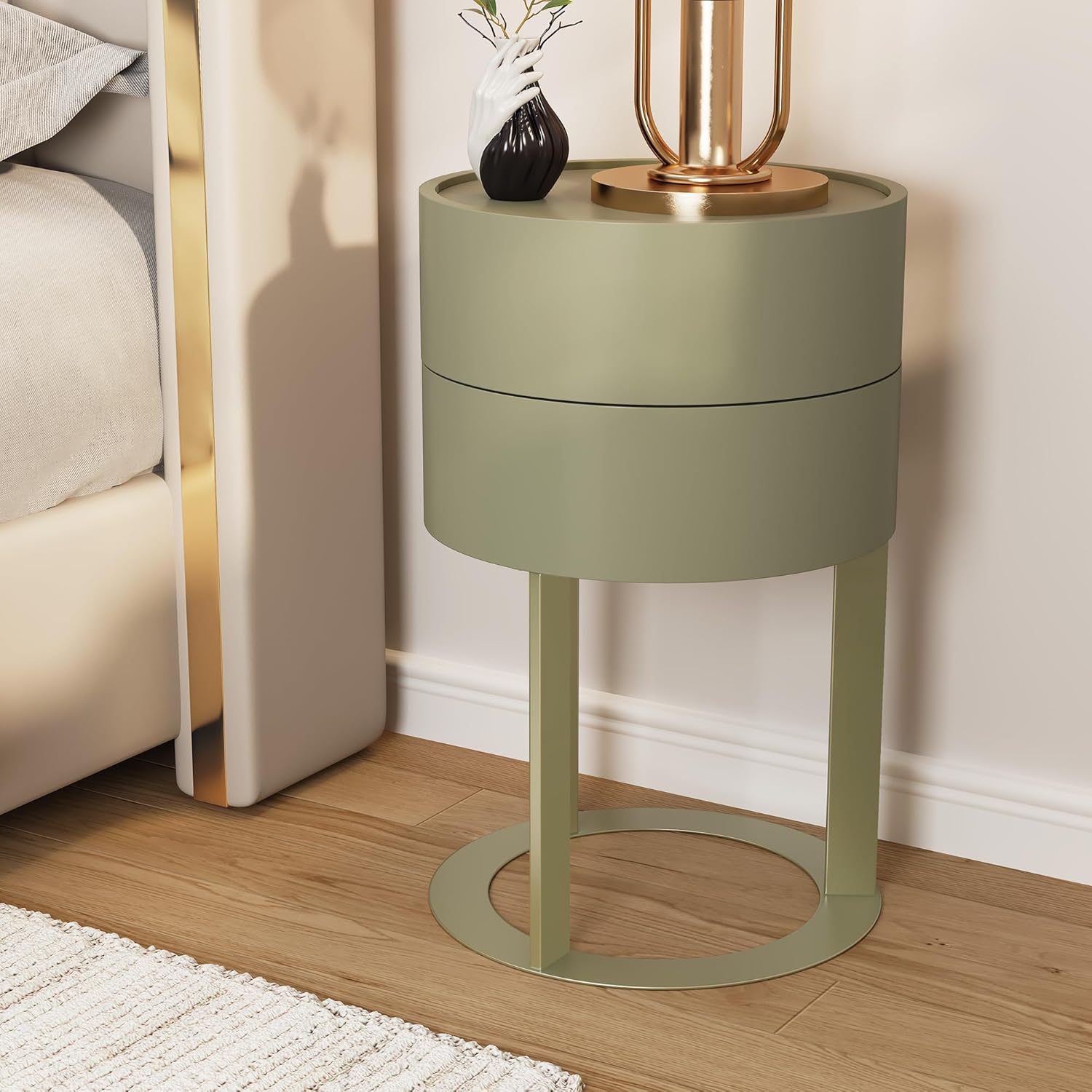 HLR® Round Side Table with Hidden Storage Drawers, Modern Nightstand with Swivel Drawer,