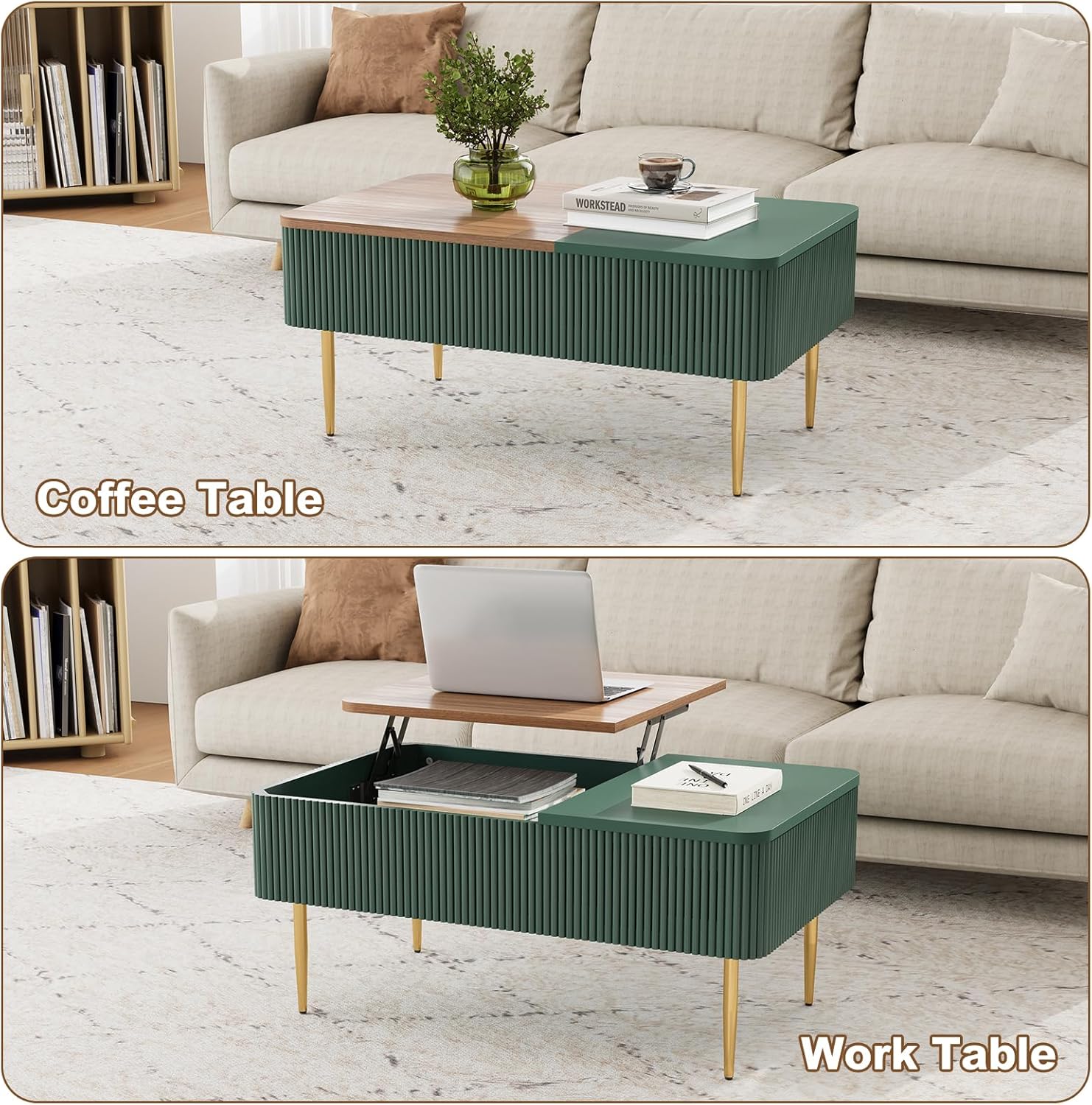 HLR® 39" Lift Top Coffee Table with Hidden Storage Compartment, Modern Rising Wood Dining Center Table