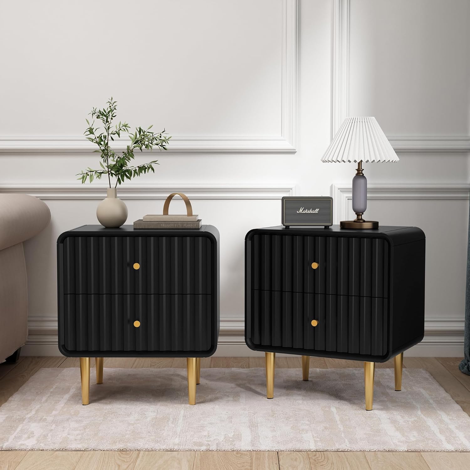 HLR® Modern Nightstand Set of 2, Fluted Bed Side Table with 2 Drawers Storage