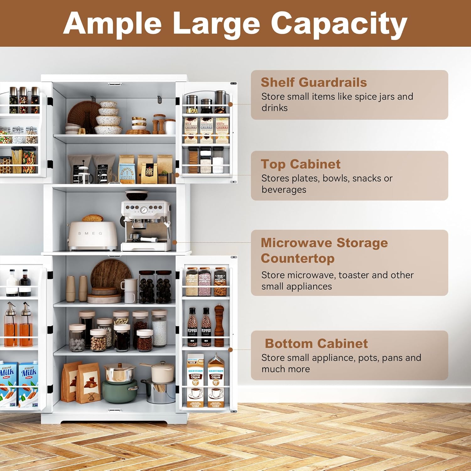 HLR® 72" Kitchen Pantry Storage Cabinet, Freestanding Larder Cupboard, Kitchen Hutch Cabinet