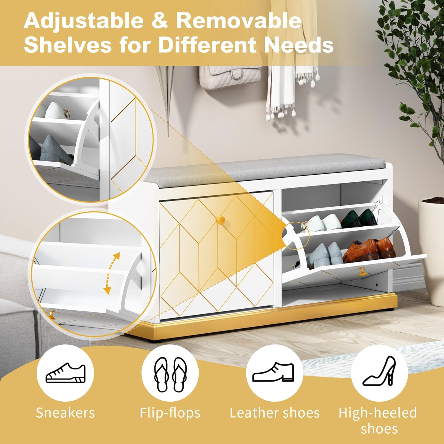 Banc à chaussures HLR® avec rangement, banc d'entrée moderne avec 2 tiroirs rabattables et siège rembourré