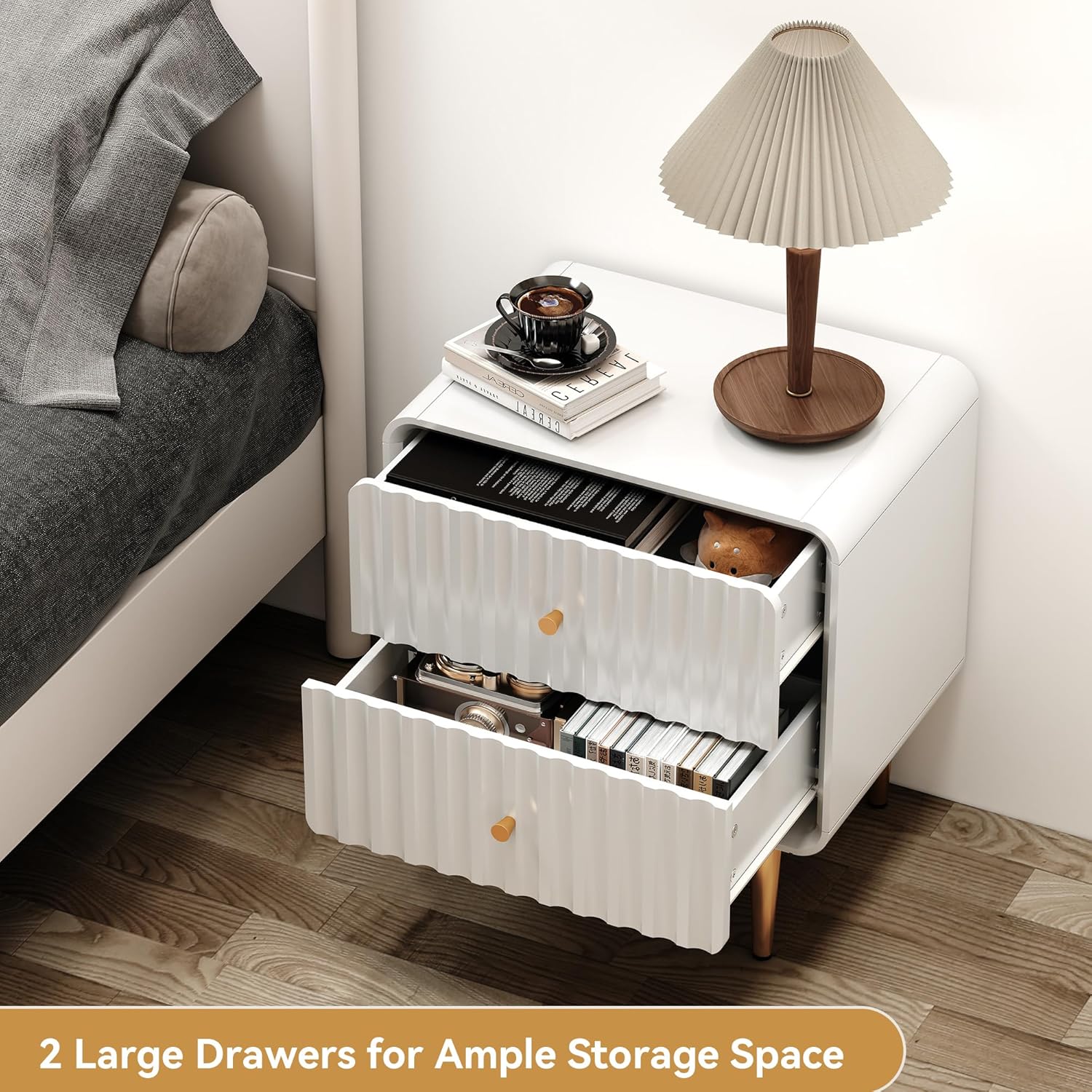 HLR® Modern Nightstand Set of 2, Fluted Bed Side Table with 2 Drawers Storage