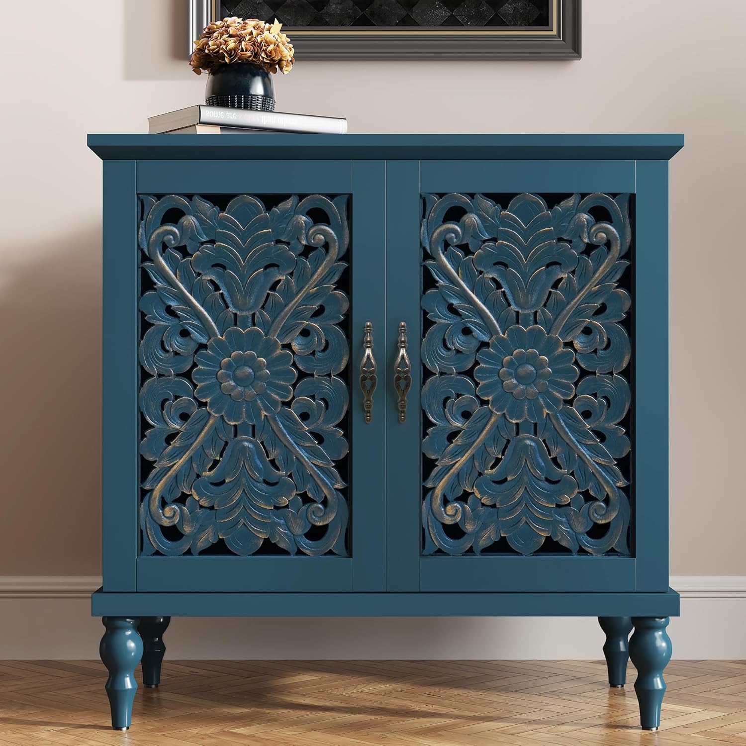 HLR® Accent Cabinet with 2 Doors, Vintage Carved Wood Storage Cabinet, Sideboard Buffet Cabinet