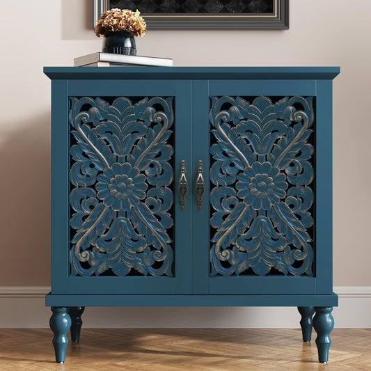 HLR® Accent Cabinet with 2 Doors, Vintage Carved Wood Storage Cabinet, Sideboard Buffet Cabinet