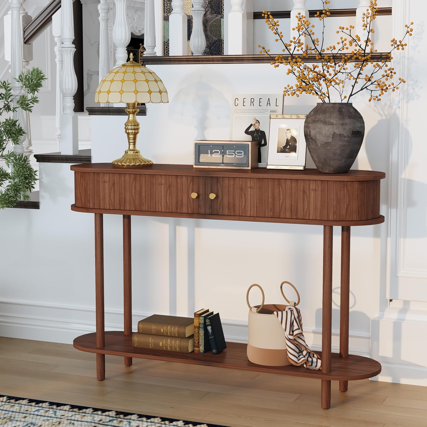 HLR® Modern Entryway Table with Wood Tambour Door, Accent Behind Couch Sofa Console