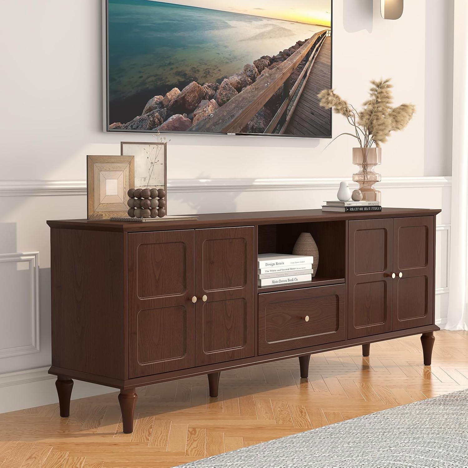 HLR® 66'' Mid-Century Modern TV Stand with Storage Drawer and Doors, Long TV Stand