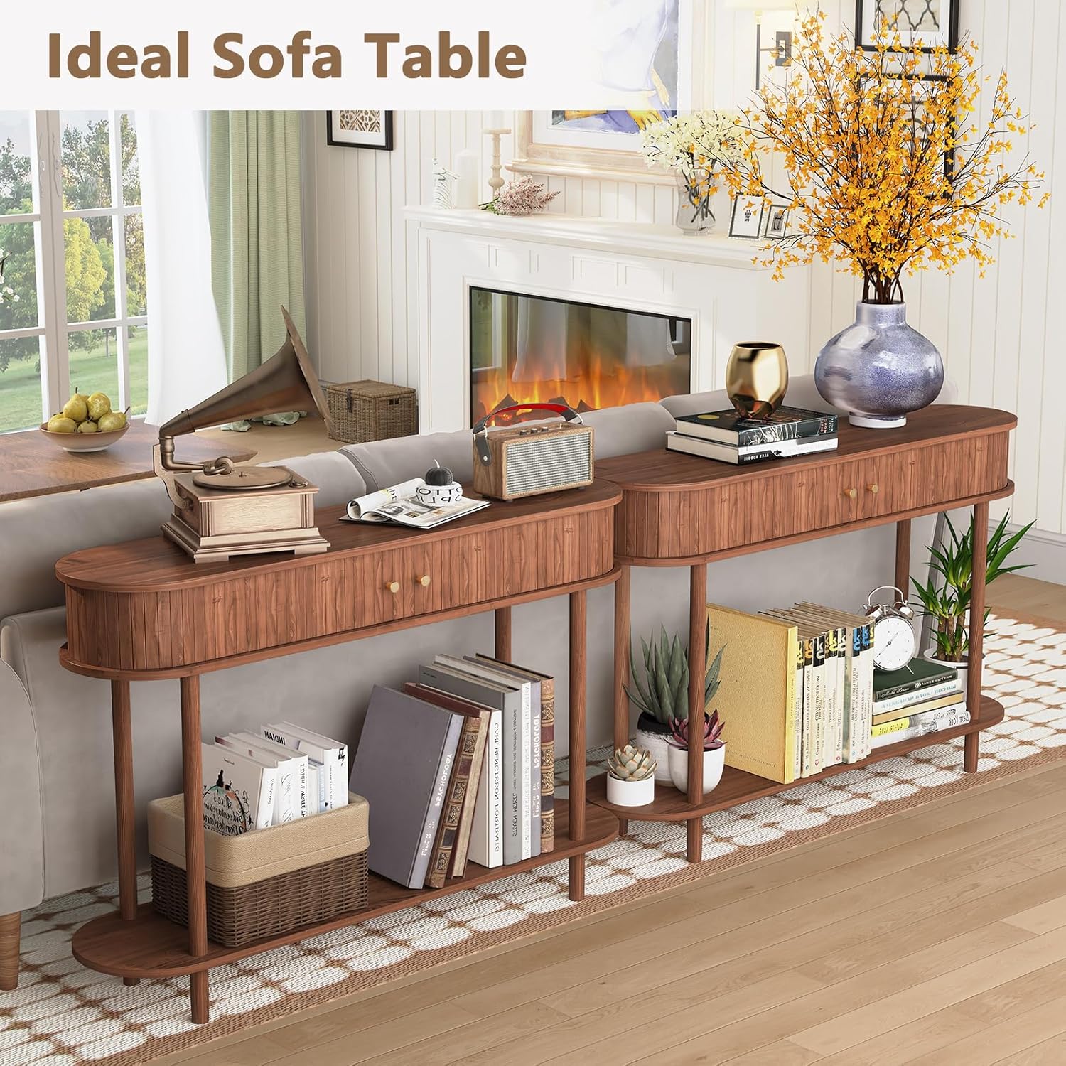 HLR® Modern Entryway Table with Wood Tambour Door, Accent Behind Couch Sofa Console