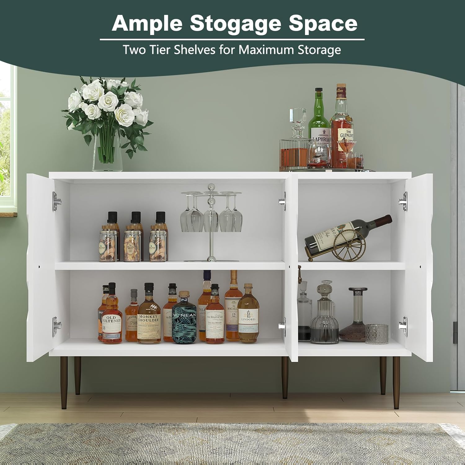 HLR® 47" White Sideboard Buffet Cabinet with Storage, 3 Decorative Embossed Pattern Doors