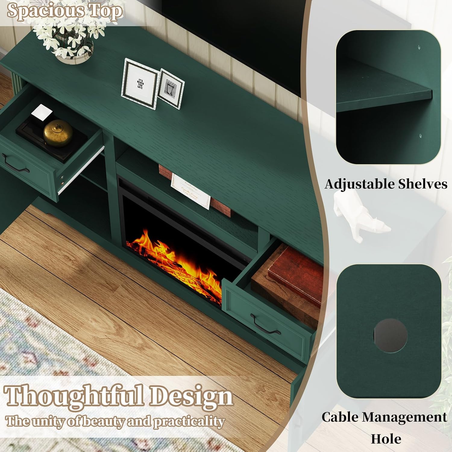 HLR® Fireplace TV Stand for TV up to 65'', Consoles Cabinet with Adjustable Shelves