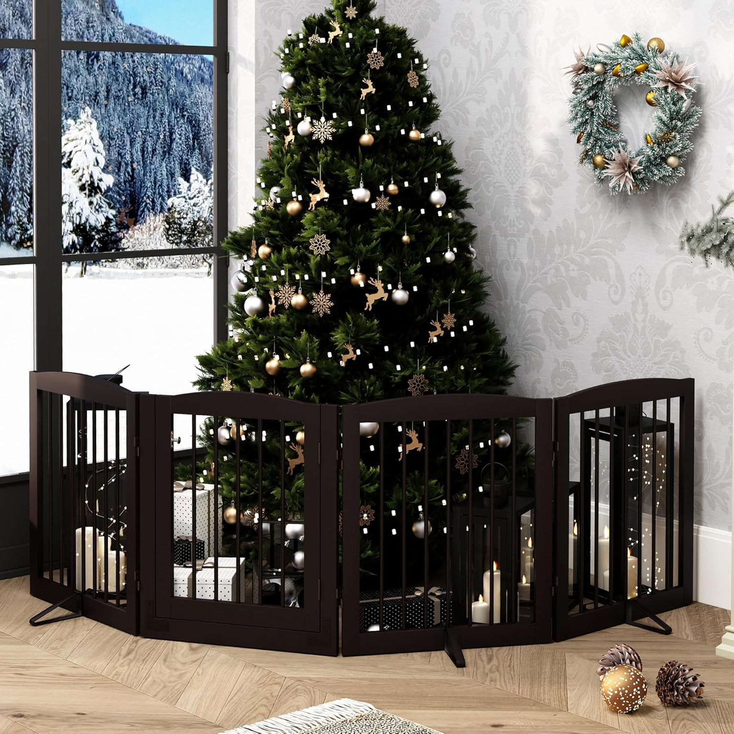 HLR® Freestanding Dog Gate with Door, Pet Gate for Stairs, 80 inch Wide Pet Barrier Indoor