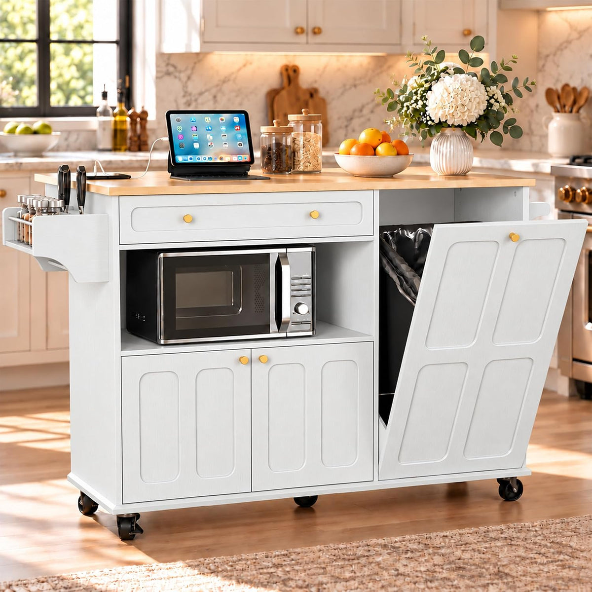 HLR 60" Kitchen Island with Trash Can Storage, Large Mobile Kitchen Island