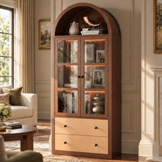 HLR 71" Arched Bookcase with Glass Doors & 2 Drawers, Tall Storage Cabinet