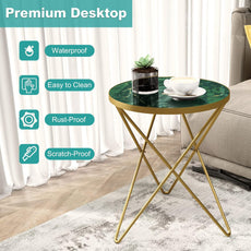 HLR® Modern Round Side Table, End Table with Marble Effect Top and Gold Metal Frame