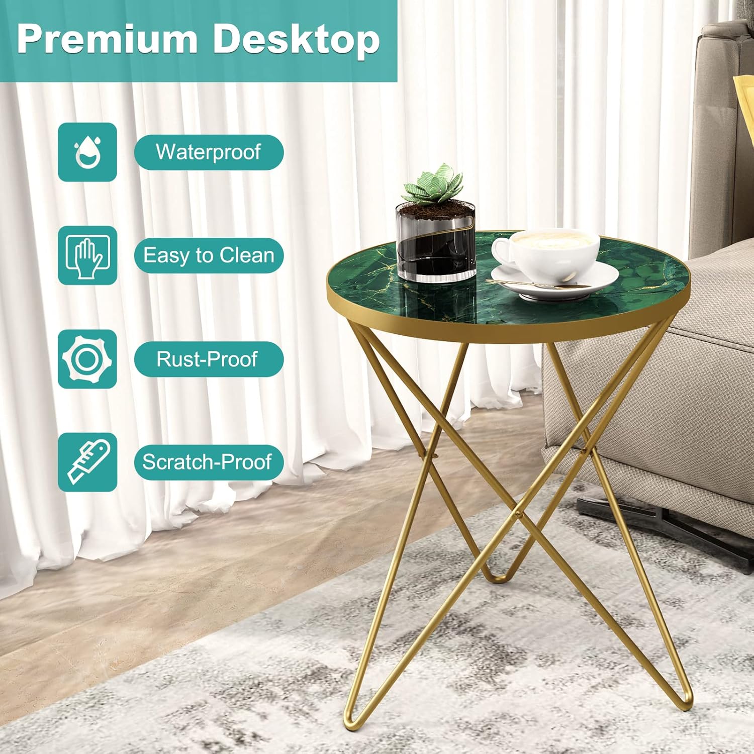 HLR® Modern Round Side Table, End Table with Marble Effect Top and Gold Metal Frame