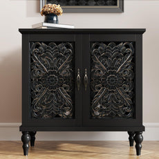 HLR® Accent Cabinet with 2 Doors, Vintage Carved Wood Storage Cabinet, Sideboard Buffet Cabinet