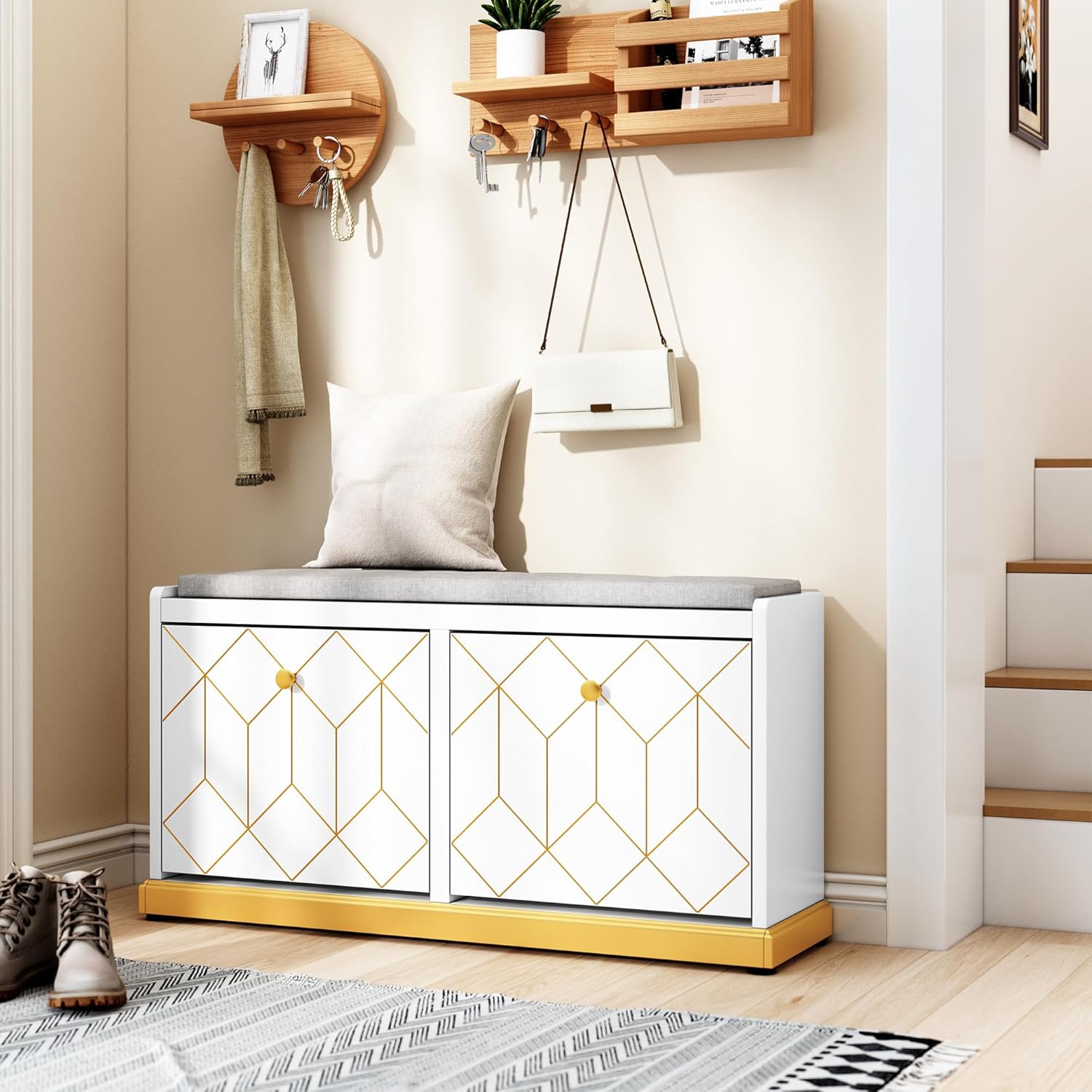 Banc à chaussures HLR® avec rangement, banc d'entrée moderne avec 2 tiroirs rabattables et siège rembourré