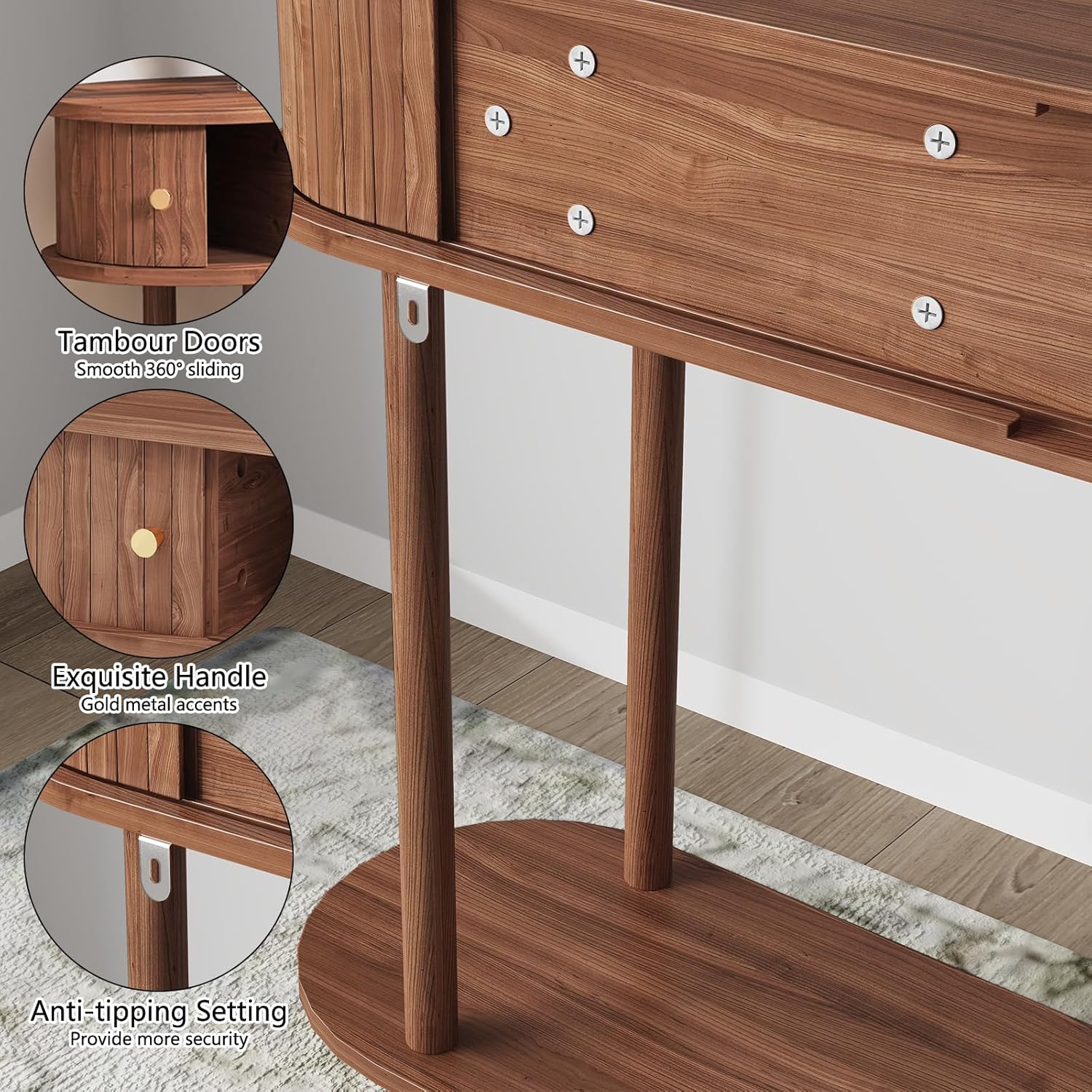 HLR® Modern Entryway Table with Wood Tambour Door, Accent Behind Couch Sofa Console