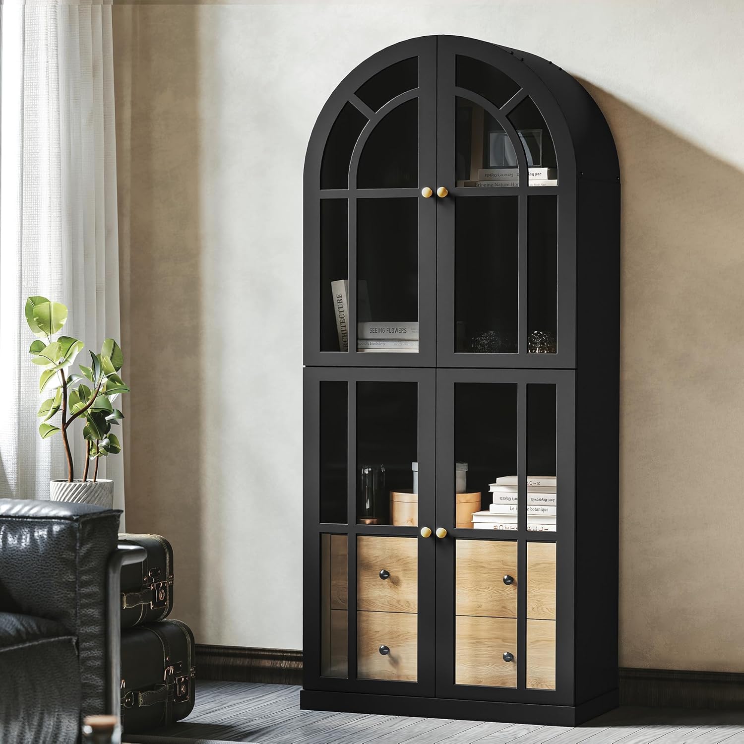 HLR® Arched Bookcase,71’’Tall Arched Cabinet with Glass Door Drawers and Shelves