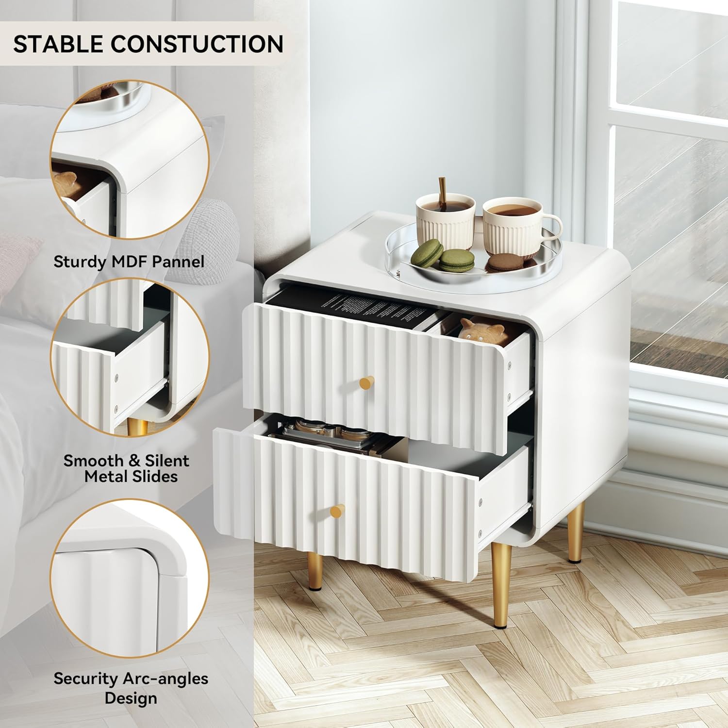 HLR® Modern Nightstand Set of 2, Fluted Bed Side Table with 2 Drawers Storage