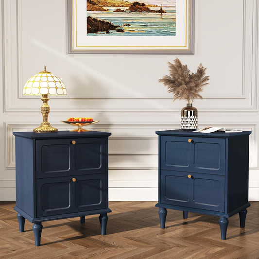 HLR® Mid-Century Modern Nightstand Set of 2, with Storage Drawers and Solid Wood Legs