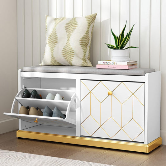 HLR® Shoe Bench with Storage, Modern Entryway Bench with 2 Flip Drawer & Padded Cushion Seat