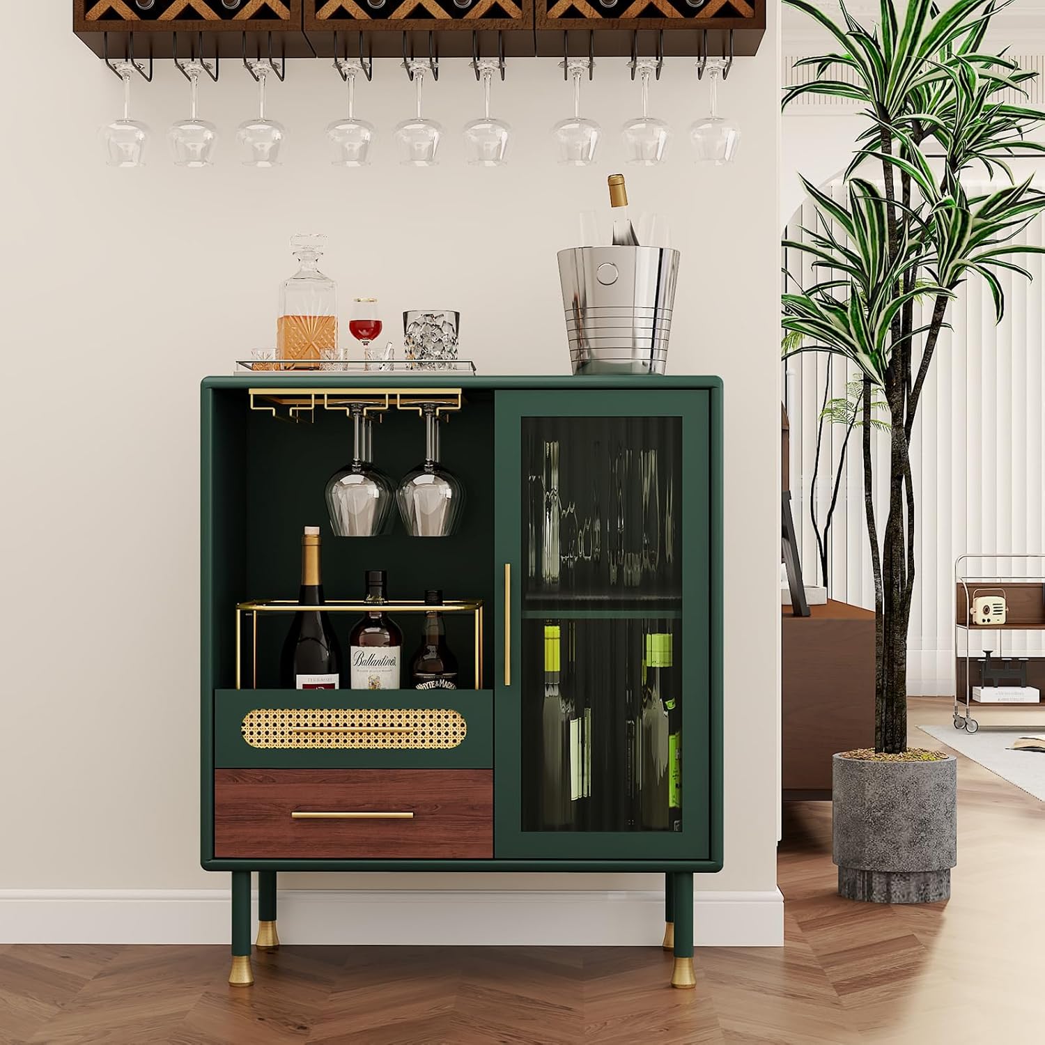 HLR® Modern Coffee Bar Cabinet with Wine Glass Rack and Drawers, Blue Liquor Cabinet