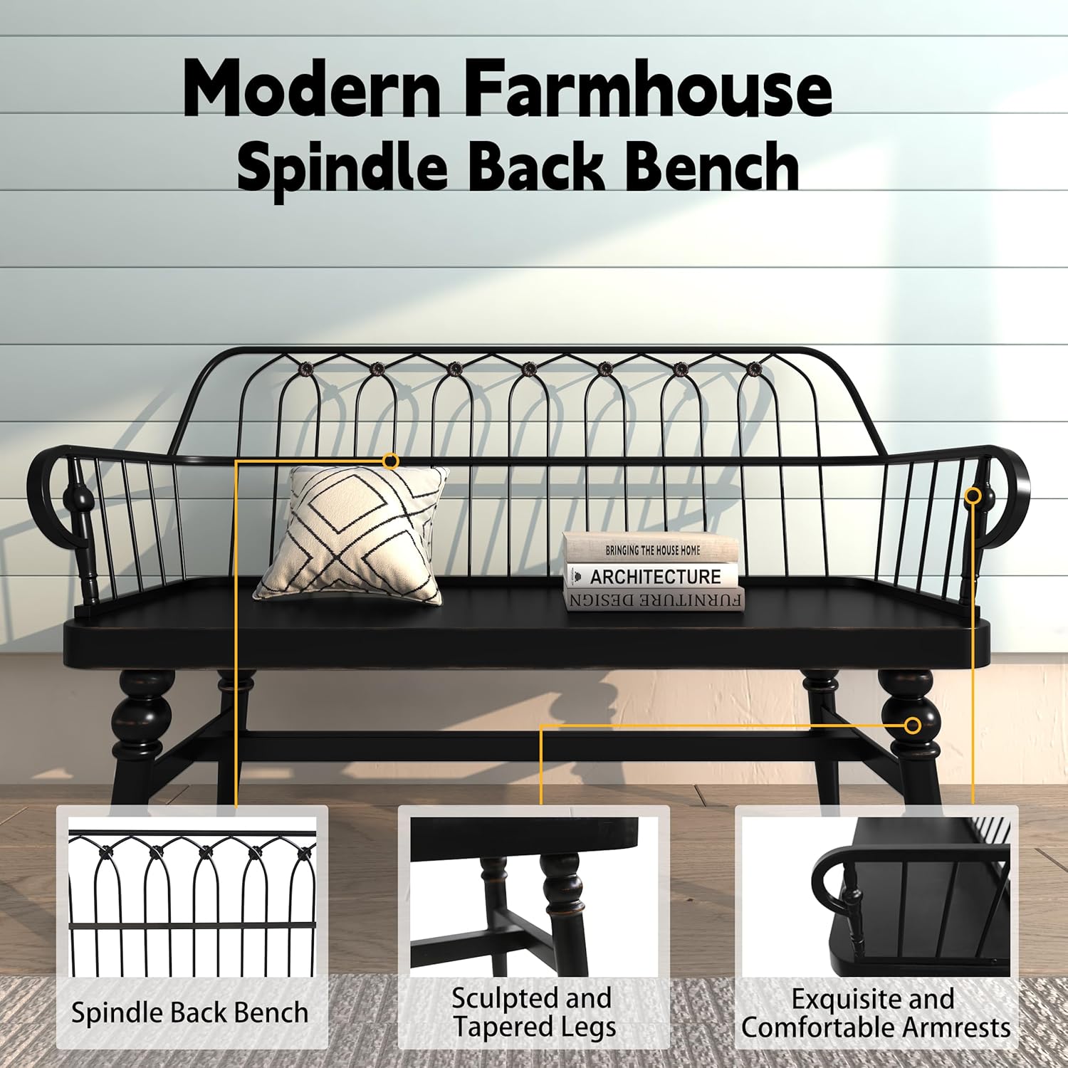 HLR® Entryway Bench, Spindle Back Wooden Dinning Bench, Farmhouse Foyer Bench