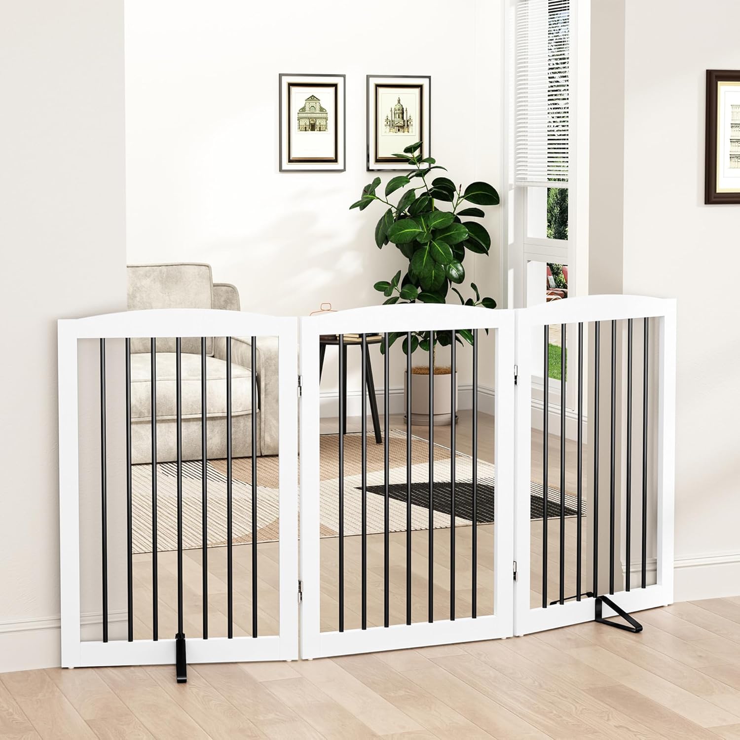 HLR® Freestanding Pet Gate for Dogs, Foldable Wooden Dog Gate, Indoor Pet Barrier for Stairs