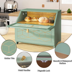 HLR® Double Layer Bread Box With Golden Trim for Countertop, Wooden Bread Container