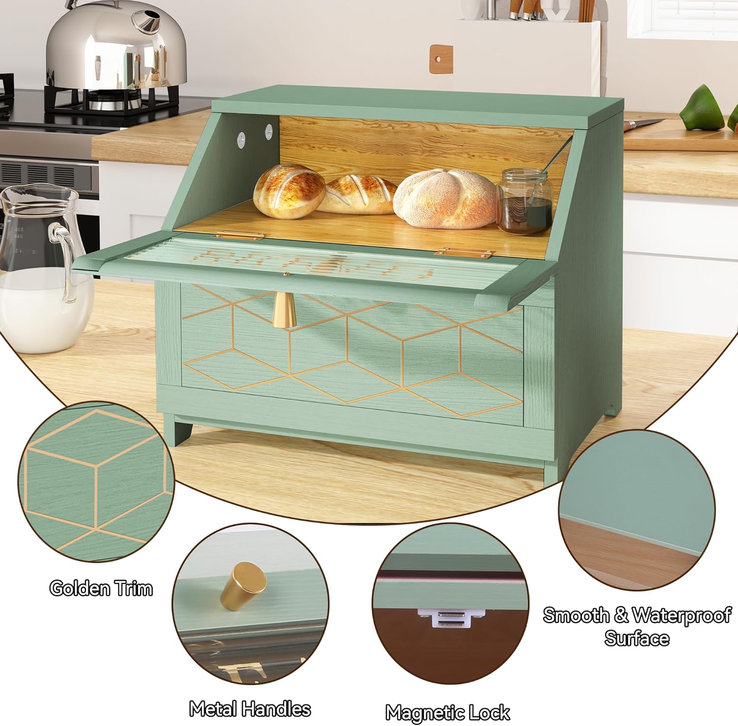 HLR® Double Layer Bread Box With Golden Trim for Countertop, Wooden Bread Container