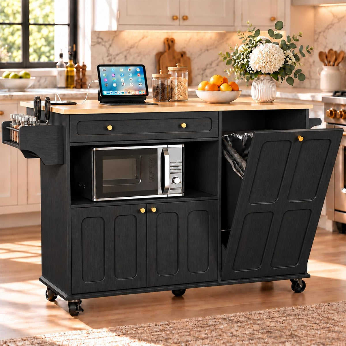 HLR 60" Kitchen Island with Trash Can Storage, Large Mobile Kitchen Island