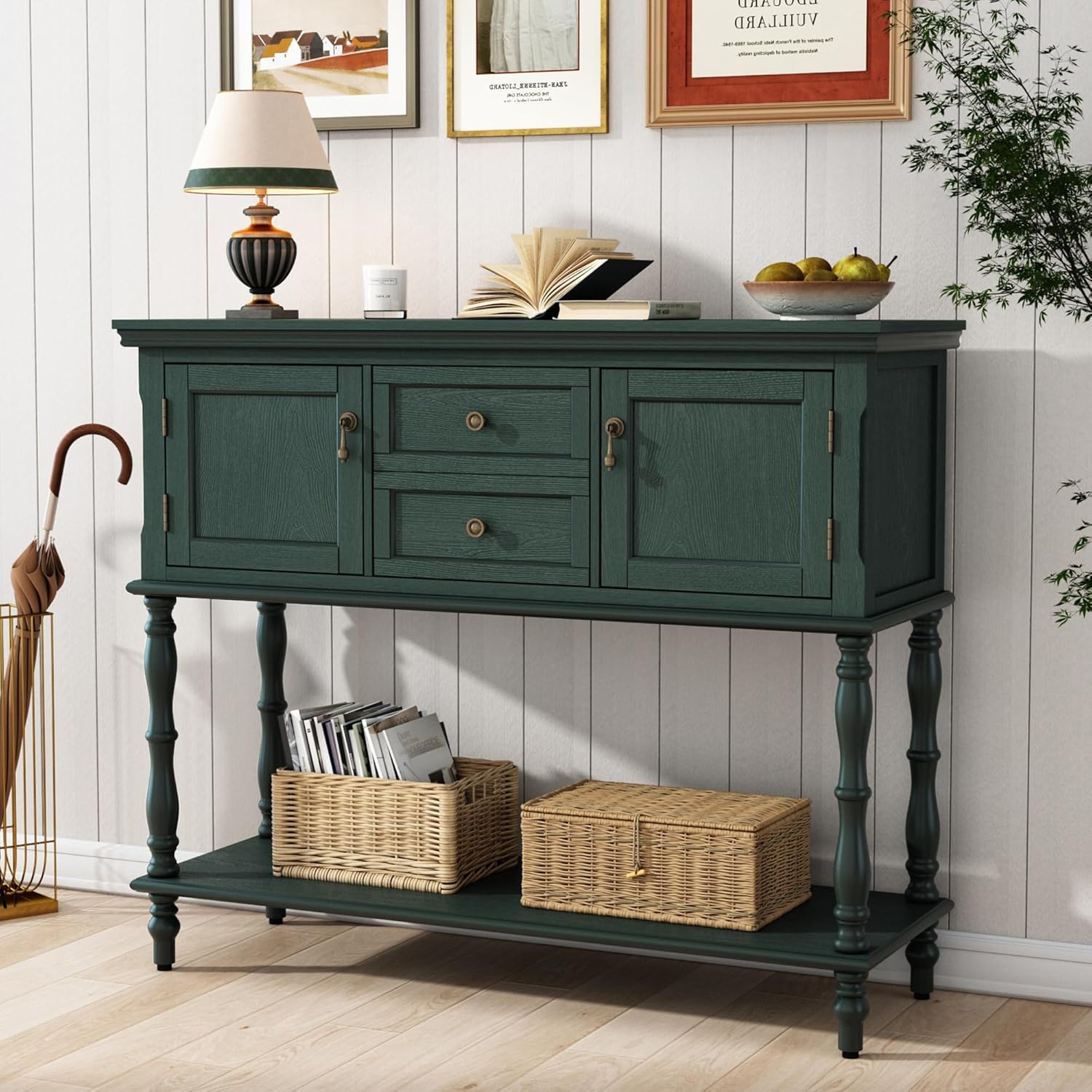 HLR® Console Table with 2 Drawers, Retro Entryway Table with 2 Door Cabinets and Open Storage Shelf