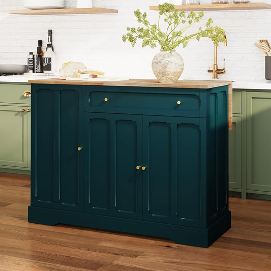HLR® Kitchen Island Cart with Storage, Carved Doors Modern Rolling Islands with Drop Leaf