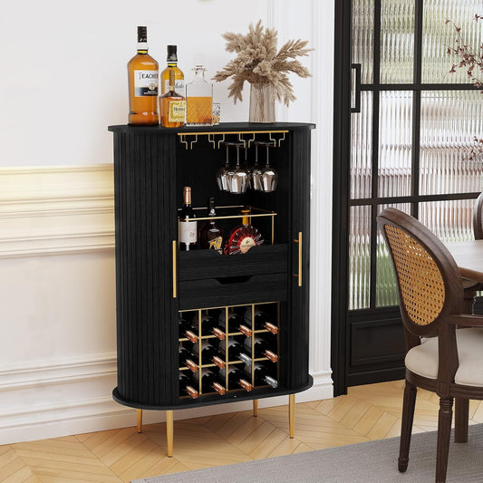 HLR® Wooden Wine Bar Cabinet with Tambour Door 16-Bottle Wine Rack