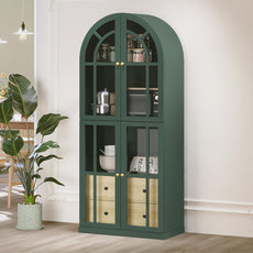 HLR® Arched Bookcase,71’’Tall Arched Cabinet with Glass Door Drawers and Shelves