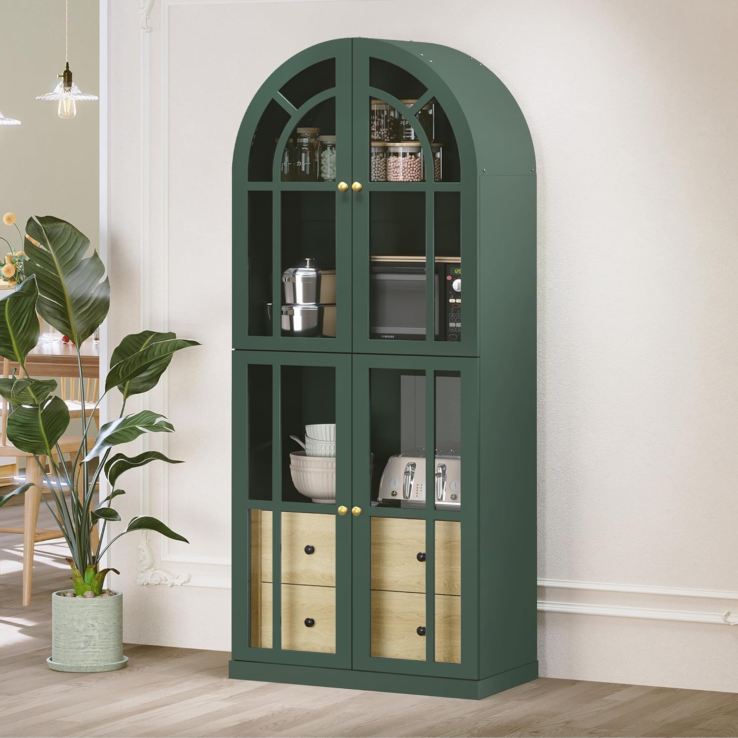 HLR® Arched Bookcase,71’’Tall Arched Cabinet with Glass Door Drawers and Shelves