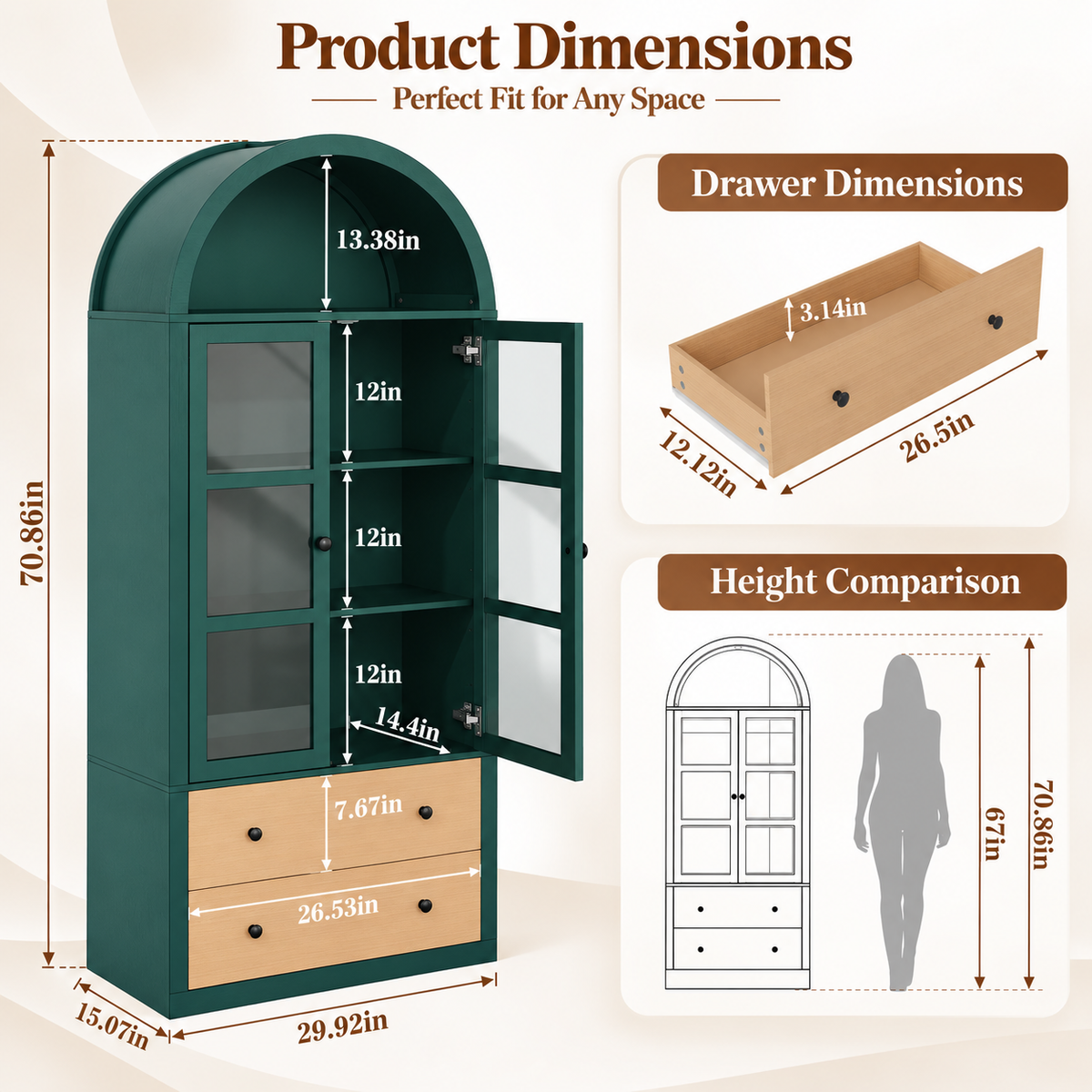 HLR 71" Tall Arched Modern Display Cabinet with Drawers, Curio Bookcases Cabinet with Glass Doors, Green