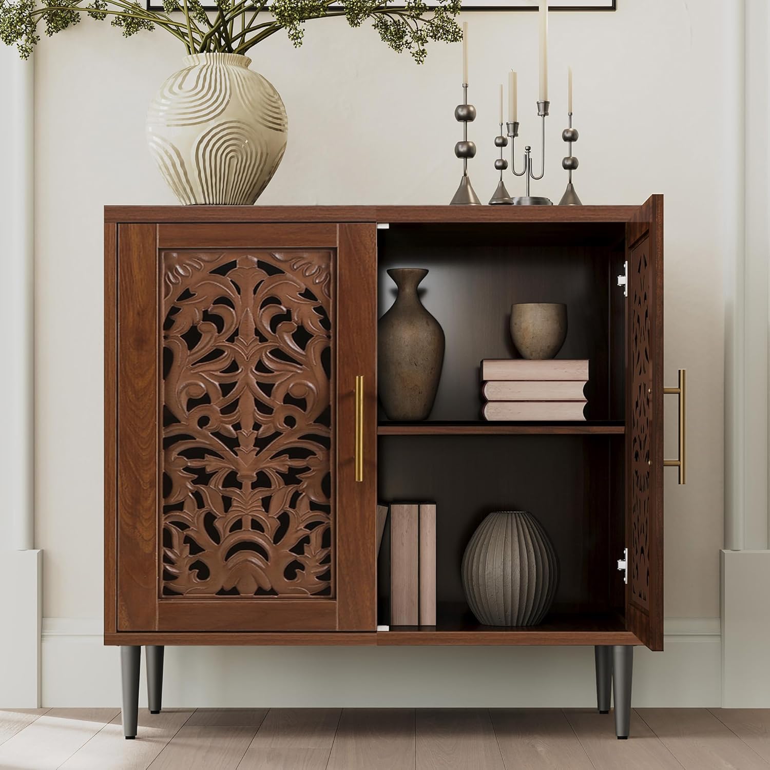 HLR® Accent Cabinet with 2 Doors, Vintage Hollow Carving Buffet Cabinet, Sideboards and Buffets