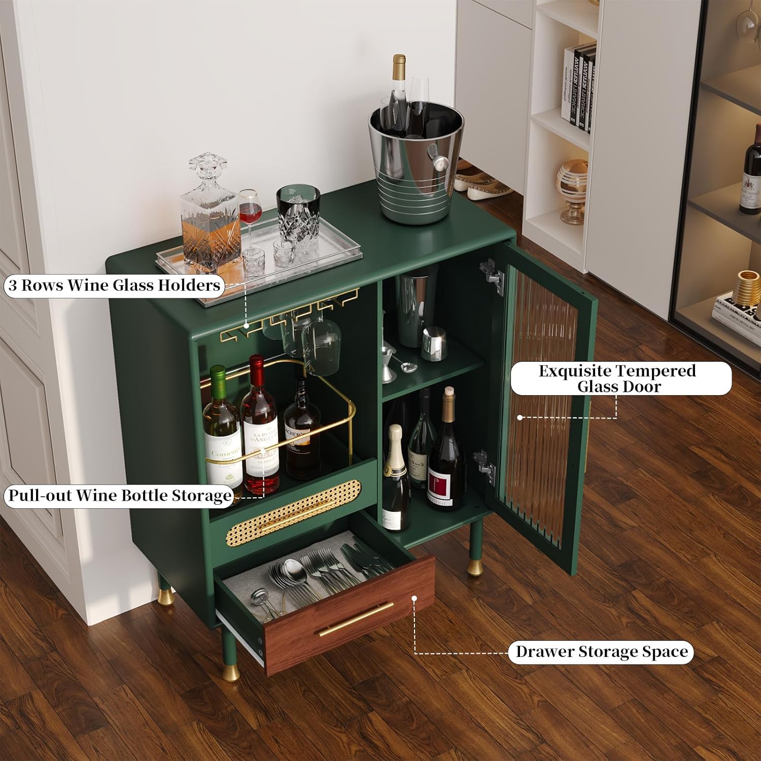 HLR® Modern Coffee Bar Cabinet with Wine Glass Rack and Drawers, Blue Liquor Cabinet