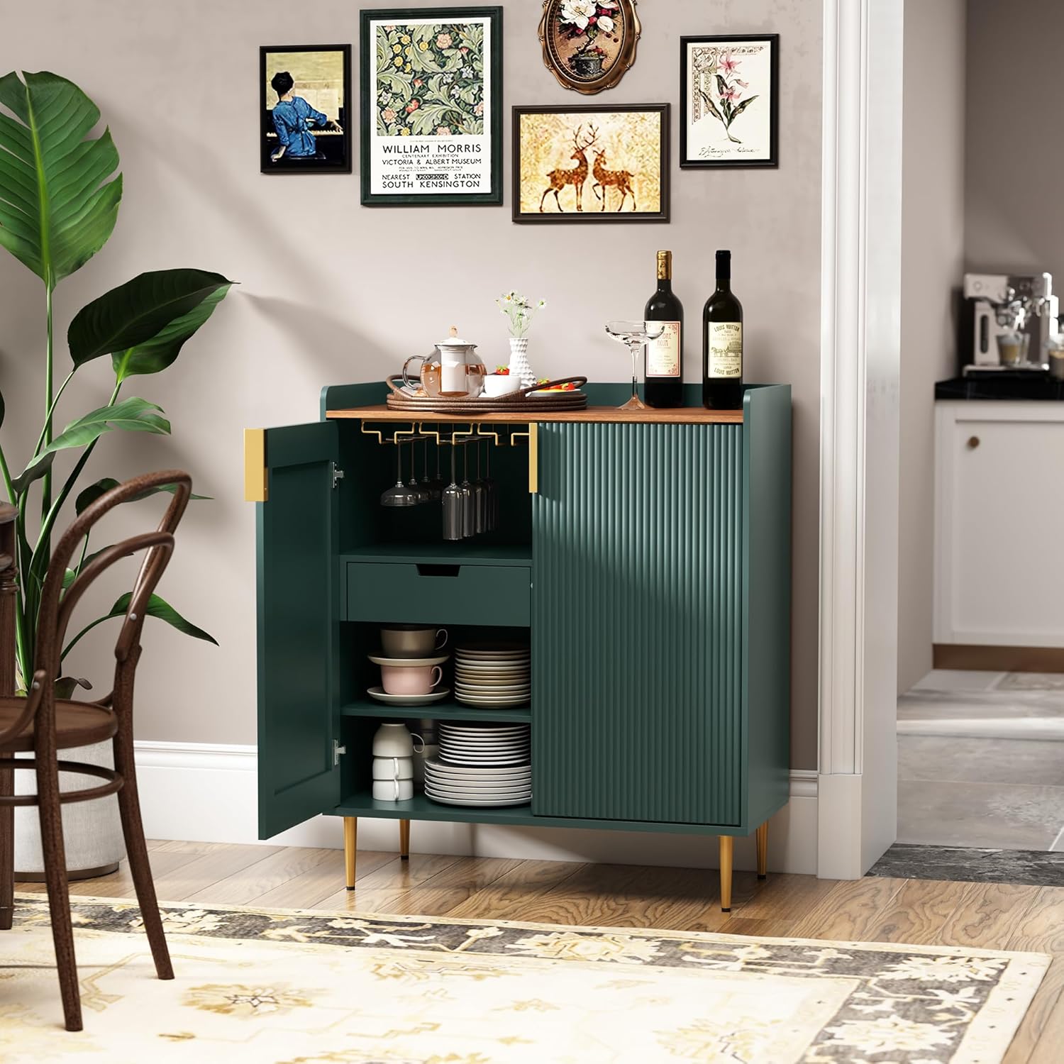 HLR® Coffee Bar Cabinet with Wine Racks, Green Liquor Cabinet with Fluted Texture