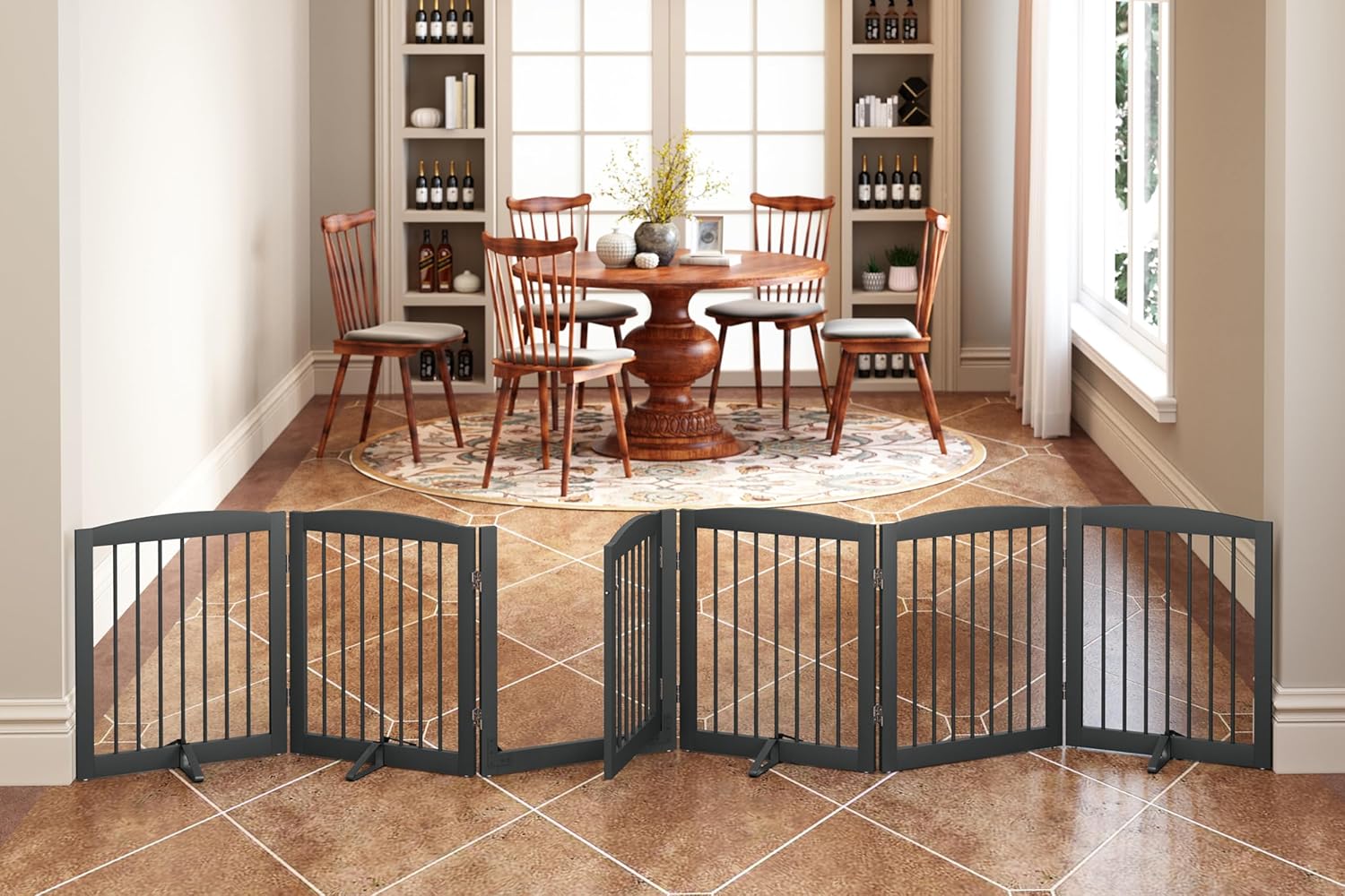 HLR® Freestanding Dog Gate with Door, Pet Gate for Stairs, 80 inch Wide Pet Barrier Indoor