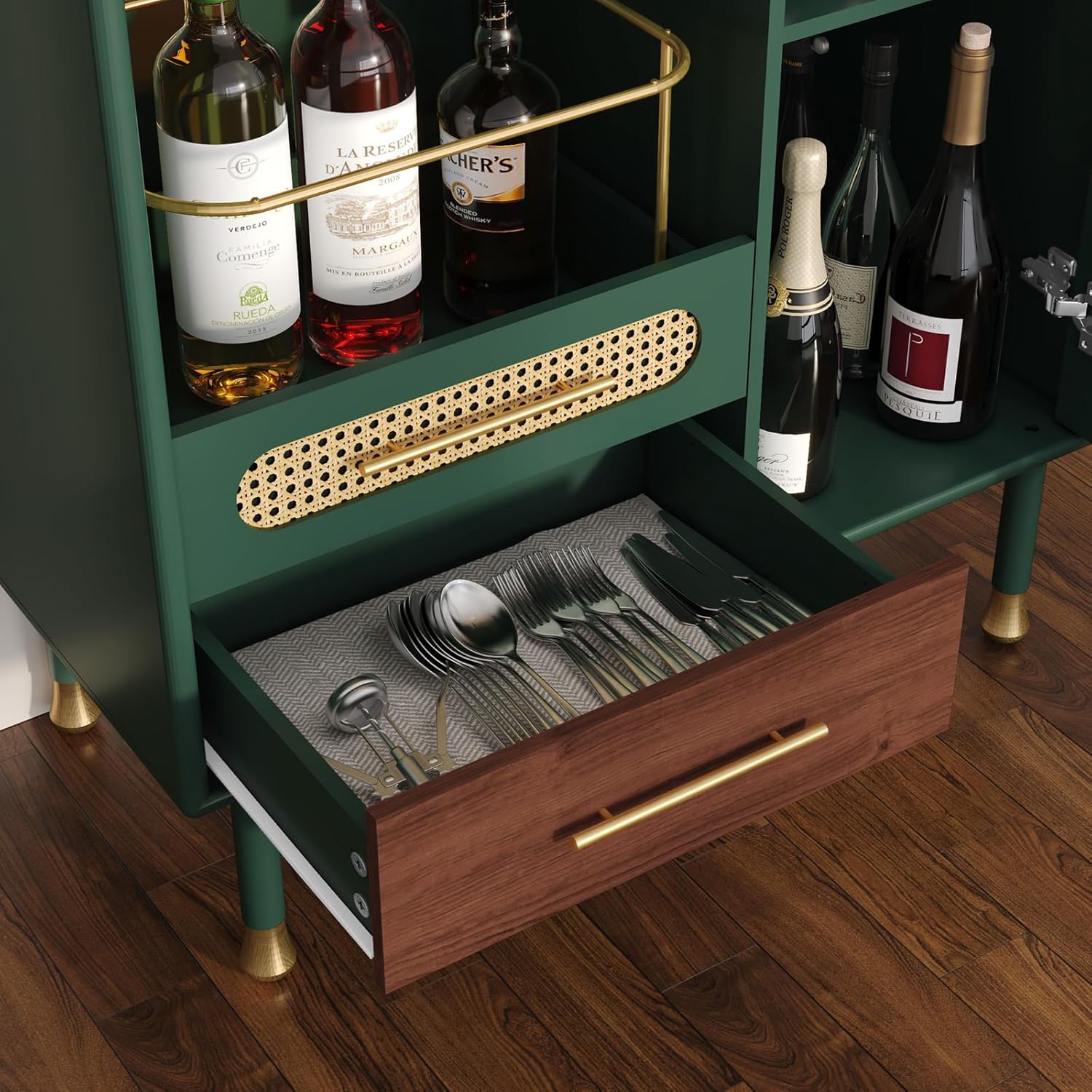 HLR® Modern Coffee Bar Cabinet with Wine Glass Rack and Drawers, Blue Liquor Cabinet