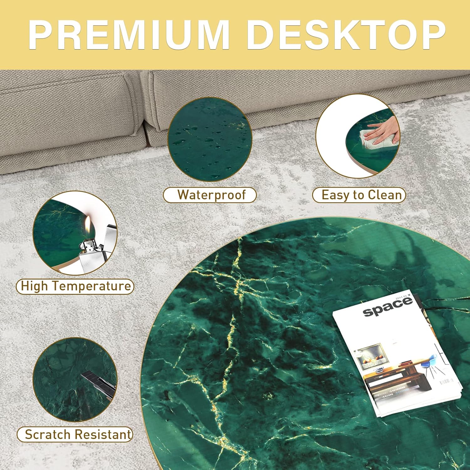 HLR® Round Coffee Table with Green Faux Marble Top