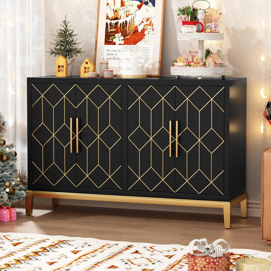 HLR® Akzentschrank mit 4 Türen und Regalen, Sideboard-Buffetschrank mit Goldrand