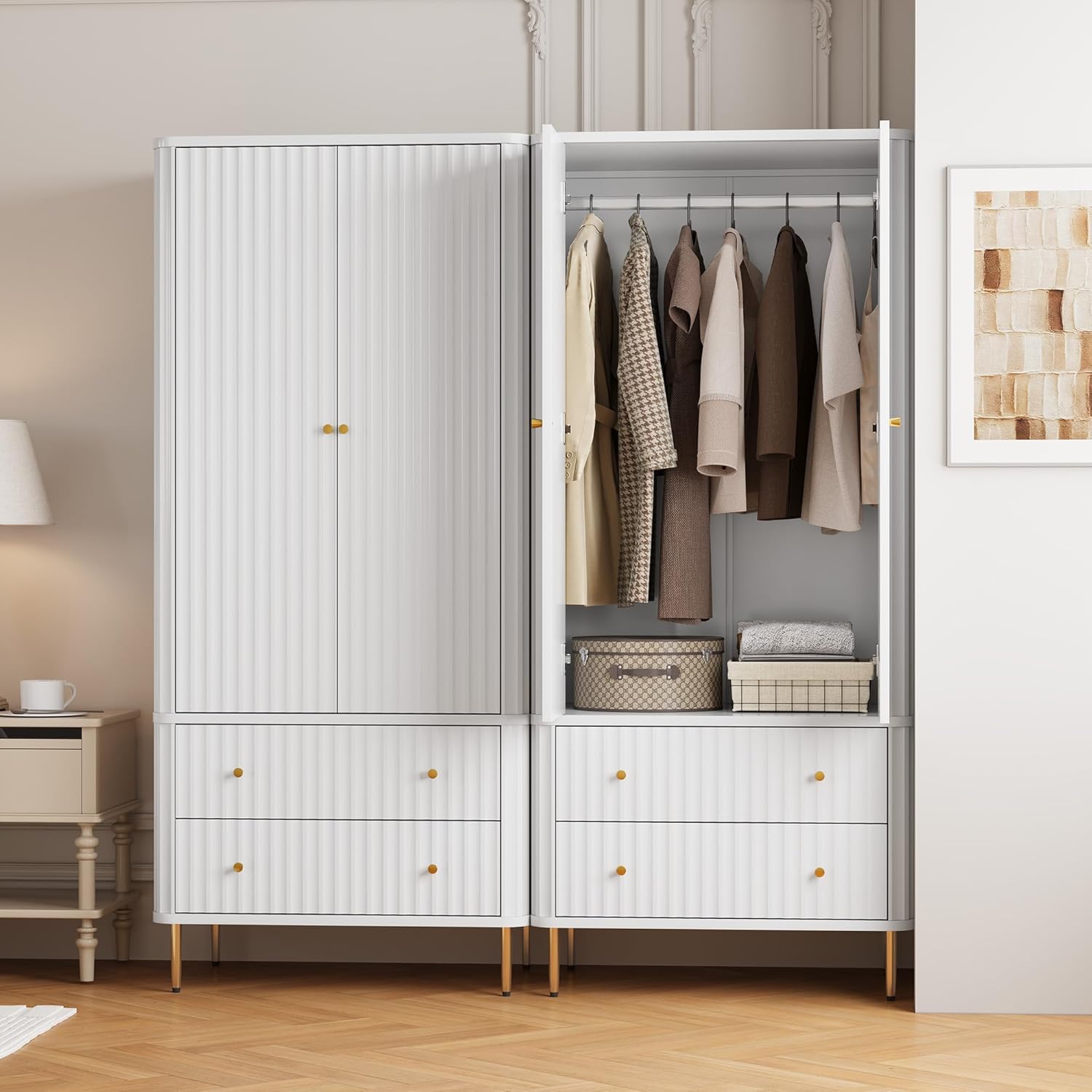 HLR® Armoire Wardrobe Closet with 2 Doors and 2 Drawers, 71'' Tall Modern Wardrobe Storage Cabinet