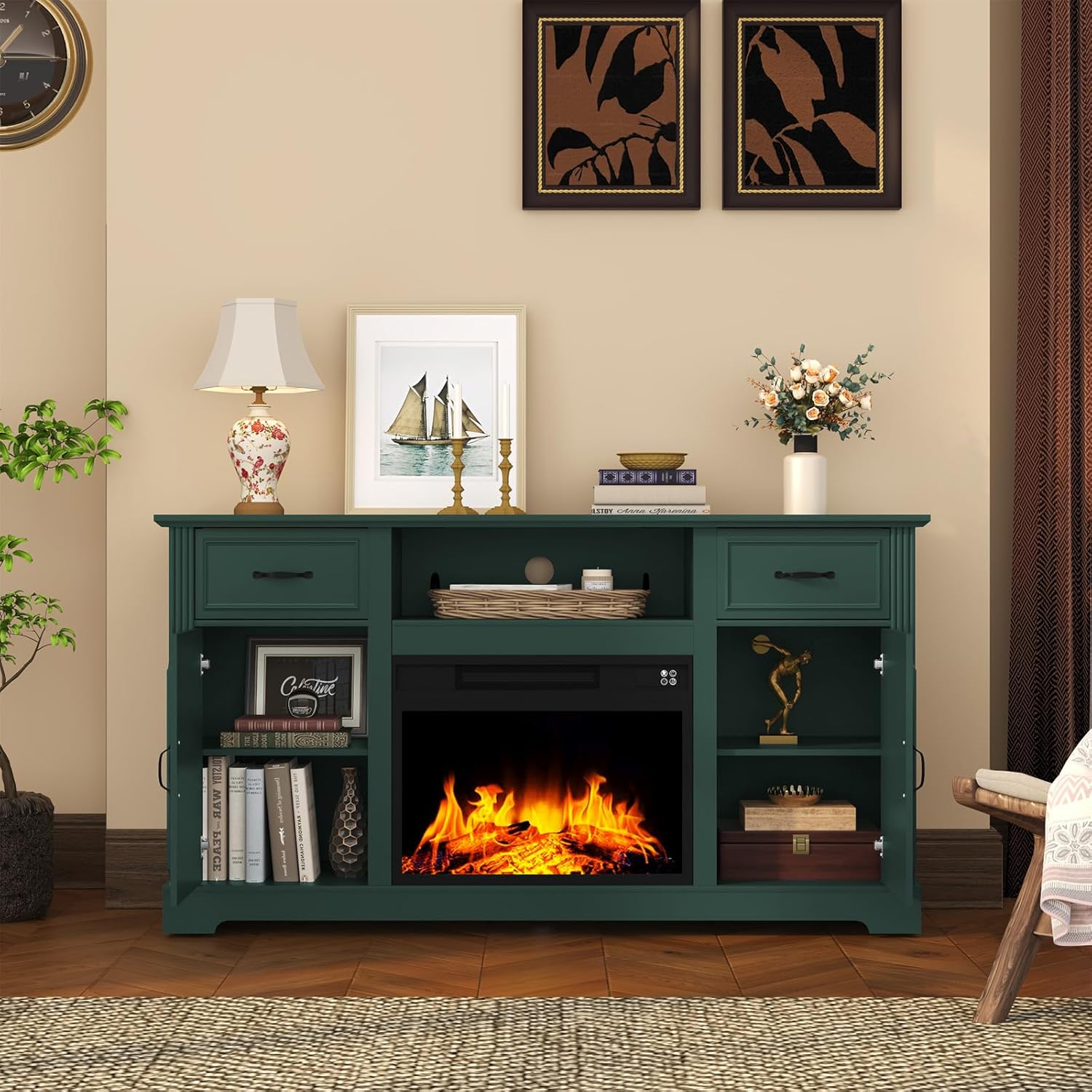 HLR® Fireplace TV Stand for TV up to 65'', Consoles Cabinet with Adjustable Shelves
